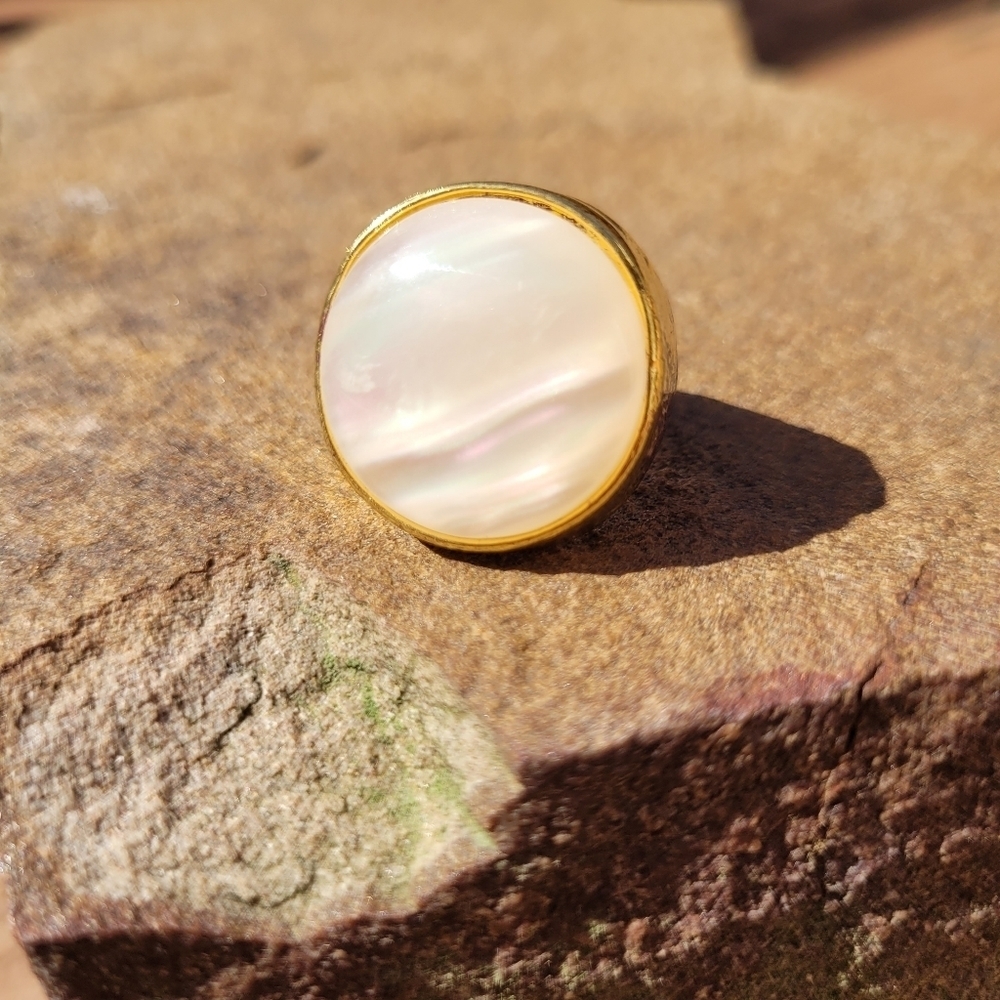 Mother Of Pearl Titanium Gold Plated Chunky Ring - Picture 16 of 16